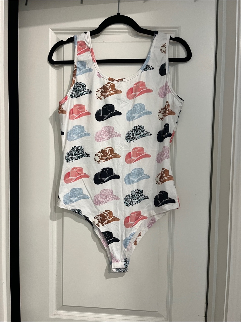 Women's White Hat-Print Tank Bodysuit